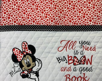 Reading Pillow with Pocket Minnie Mouse Big Bow Saying Teacher Book Pillow, Girl Gift Book Tablet Holder Kids Pillow Travel Librarian gift