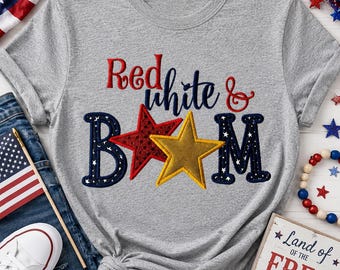 Red White and Boom Fourth of July  Adult T-Shirt- Bling Sparkle Occupation Custom Applique