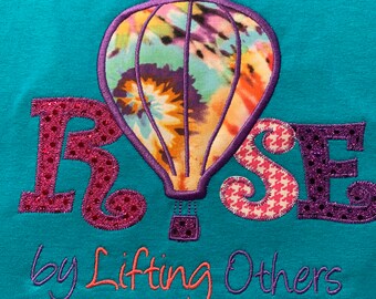 Hot Air Balloon  Rise by lifting others -Jade Blue Green Shirt- Bling Sparkle Applique