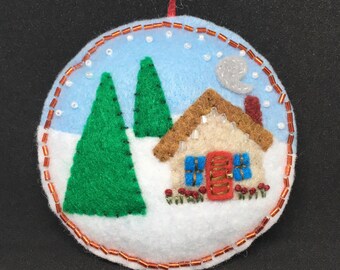 cottage on a snowy day Felt handmade ornament bead embellished hand stitched.