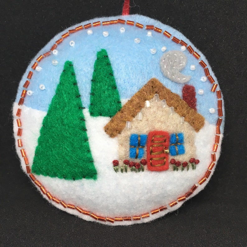 cottage on a snowy day Felt handmade ornament bead embellished hand stitched.