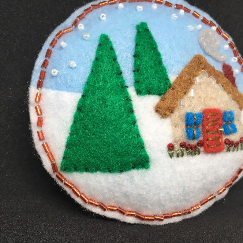 cottage on a snowy day Felt handmade ornament bead embellished hand stitched.