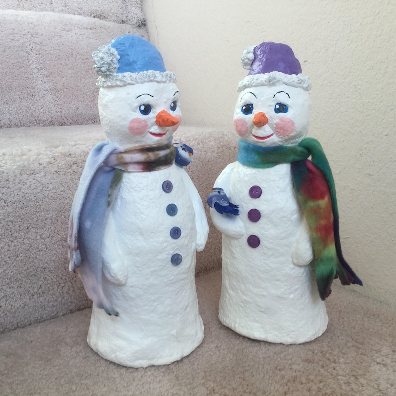 individually handcrafted one of a kind design Perfect to brighten your Christmas. Sweet snowmen Original Paper Mache Snowmen