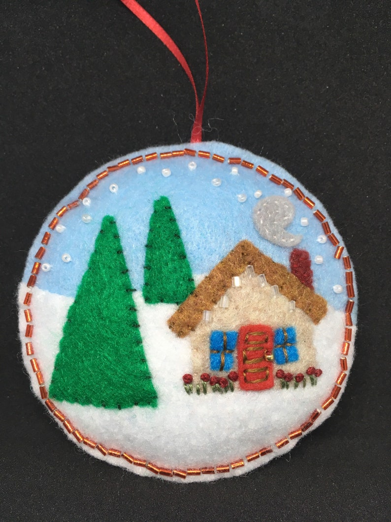 cottage on a snowy day Felt handmade ornament bead embellished hand stitched.