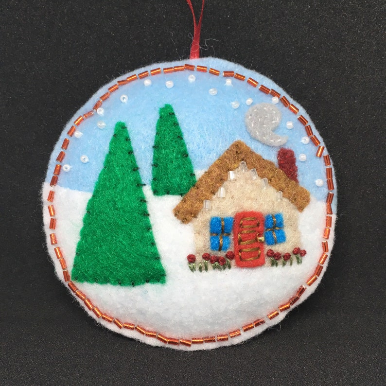 cottage on a snowy day Felt handmade ornament bead embellished hand stitched.