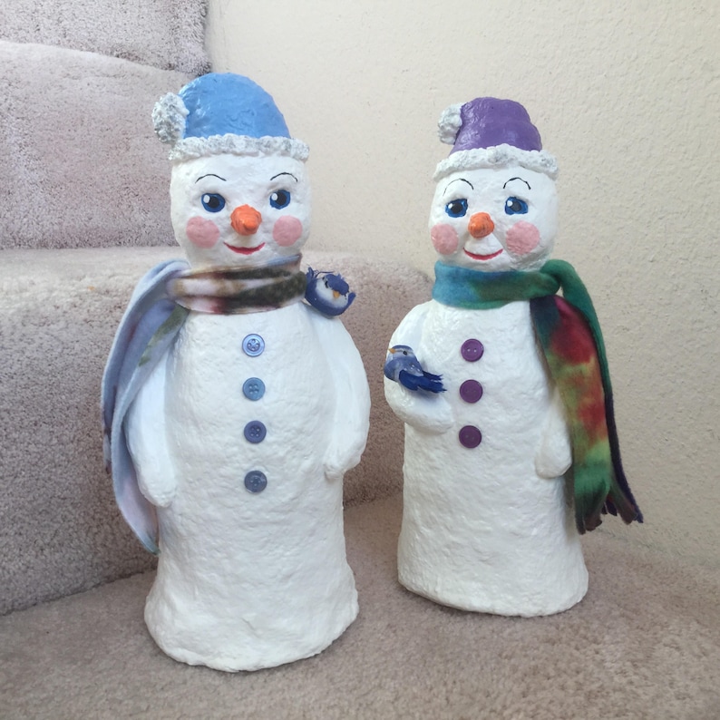 individually handcrafted one of a kind design Perfect to brighten your Christmas. Sweet snowmen Original Paper Mache Snowmen