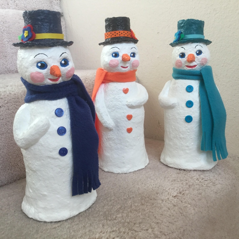 individually handcrafted one of a kind design Perfect to brighten your Christmas. Sweet snowmen Original Paper Mache Snowmen