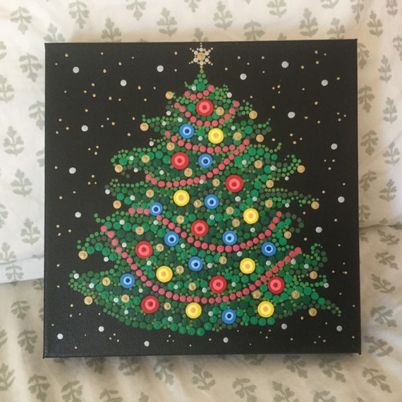Christmas tree dot painting on black canvas green tree | Etsy