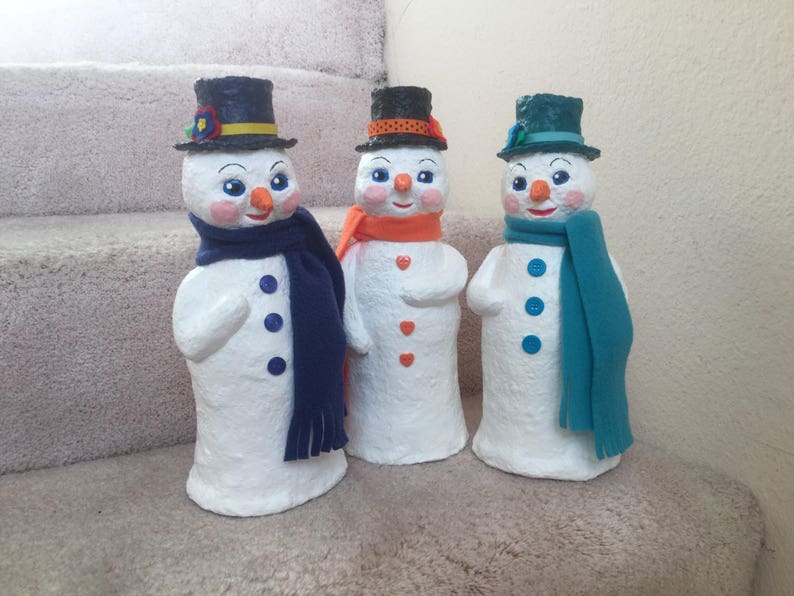 individually handcrafted one of a kind design Perfect to brighten your Christmas. Sweet snowmen Original Paper Mache Snowmen