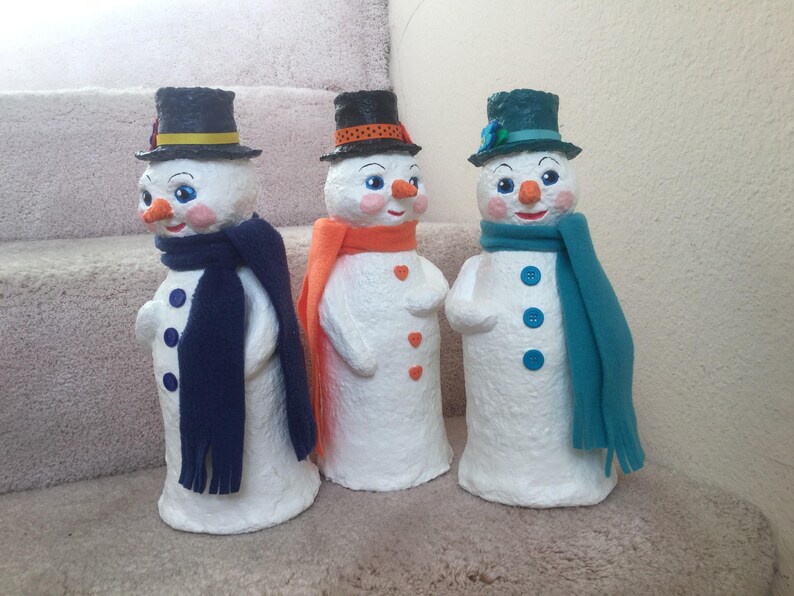 individually handcrafted one of a kind design Perfect to brighten your Christmas. Sweet snowmen Original Paper Mache Snowmen