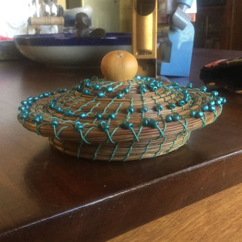 Gourd & Pine Needle Bowl w/Lid. Embellished w/bright turquoise Etsy