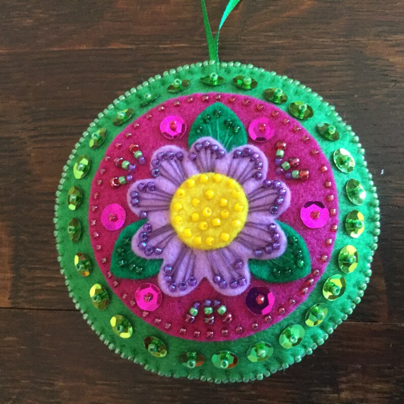 3.5 round felt ornament hand stitched and embellished with Etsy