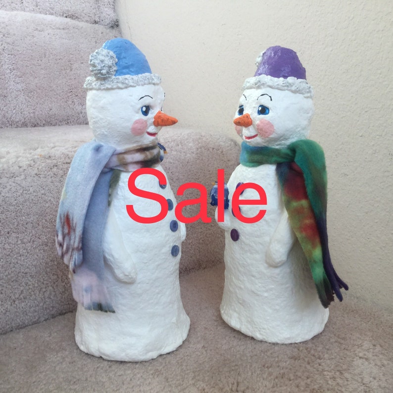 individually handcrafted one of a kind design Perfect to brighten your Christmas. Sweet snowmen Original Paper Mache Snowmen