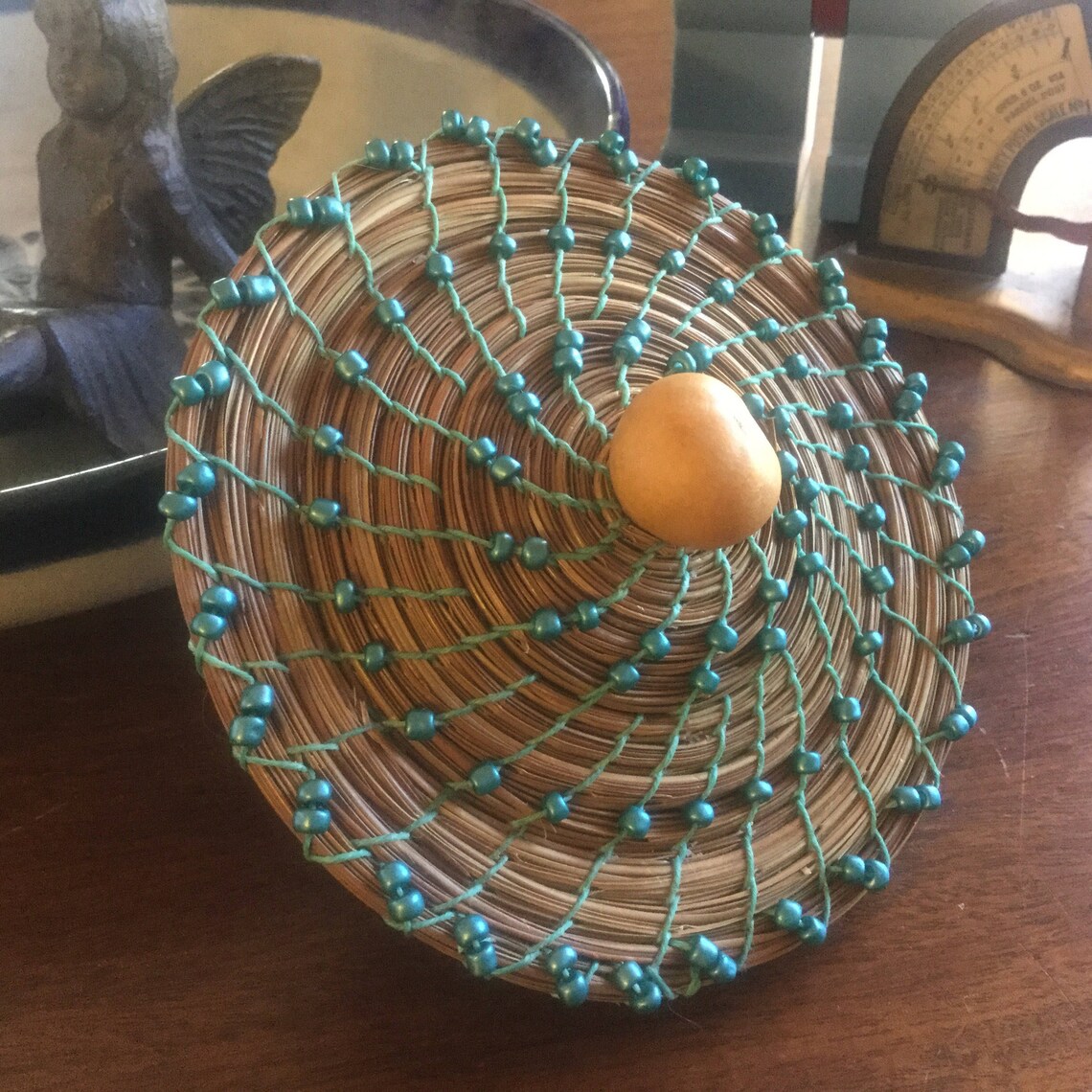 Gourd & Pine Needle Bowl w/Lid. Embellished w/bright turquoise Etsy