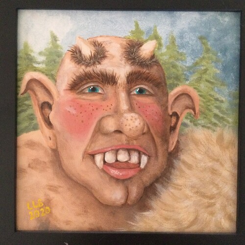 Acrylic painting on canvas of a fur clad, shops freckled young troll. Original artwork, one of a kind.
