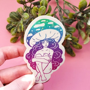 Adesivo holográfico estrelado de menina cogumelo violeta webcap