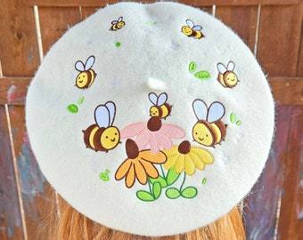 Flowers and Bee Pollinator Garden Embroidered Beret