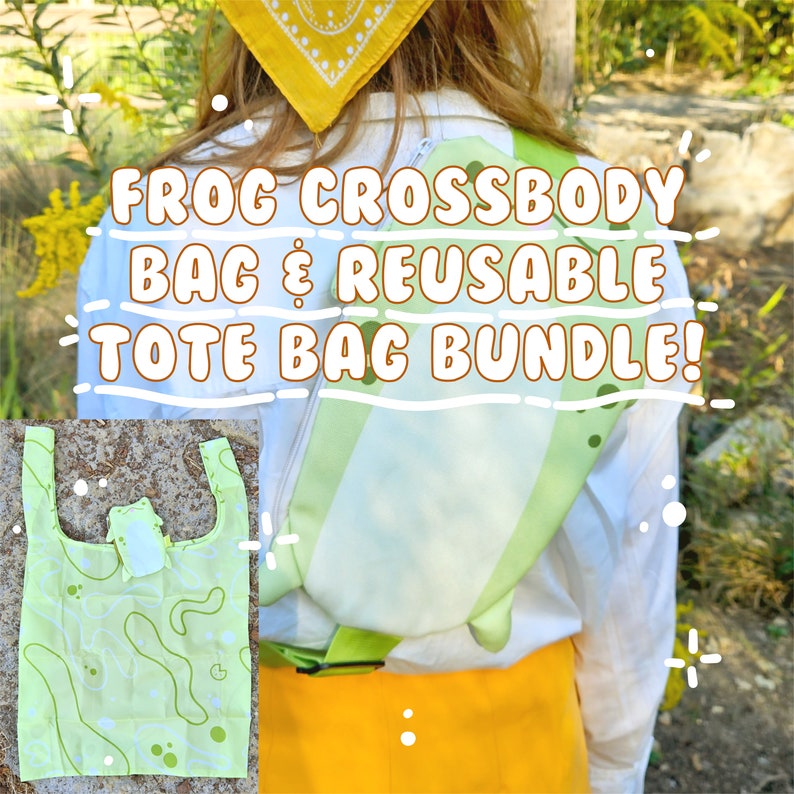 May include: A green and white frog crossbody bag and a matching green and white reusable tote bag. The text "FROG CROSSBODY BAG & REUSABLE TOTE BAG BUNDLE!" is written in brown letters on a white background.
