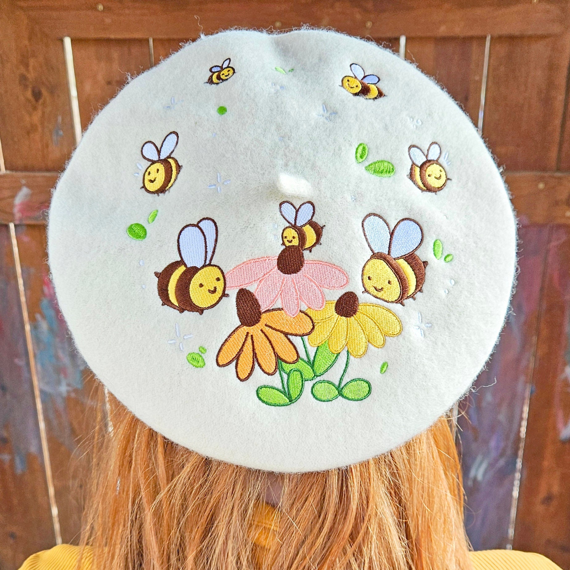 Flowers and Bee Pollinator Garden Embroidered Beret - Etsy  display picture 2