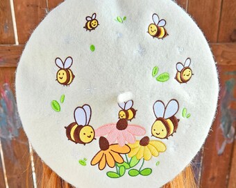 Flowers and Bee Pollinator Garden Embroidered Beret - Etsy  display picture 1