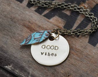Good Vibes Necklace - Custom Hand Stamped Boho Jewelry - Personalized Engraved Brass Disc - 30 in Long Antique Gold Chain - Motivation Quote