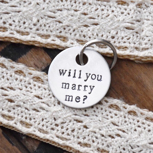 Will You Marry Me Tag - Hand Stamped Pet Proposal - Engraved Dog Cat Collar Charm Tags - Mom Dad Engagement Idea - Brass or Aluminum Disc