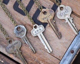 Custom Key Necklace - Vintage Hand Stamped Inspirational Jewelry - Engraved Repurposed Word Quote Keys - 30 inches Long Antique Gold Chain