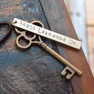 First Home Ornament - Custom Stamped New House Address Skeleton Key - Personalized Housewarming Gift Wedding Tag - Rustic Vintage BRASS OG