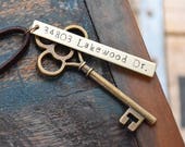 First Home Ornament - Custom Stamped New House Address Skeleton Key - Personalized Housewarming Gift Wedding Tag - Rustic Vintage BRASS OG