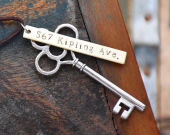 First Home Ornament - Custom Hand Stamped Housewarming Gift - New House Skeleton Key - Realtor Closing Gifts - Rustic SILVER OG