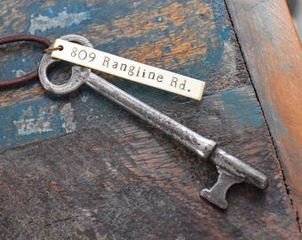 First Home Ornament - Custom Hand Stamped Housewarming Gift - Antique Vintage Skeleton Key - Real Keys - Wine Label Tag - Vintage Silver K2