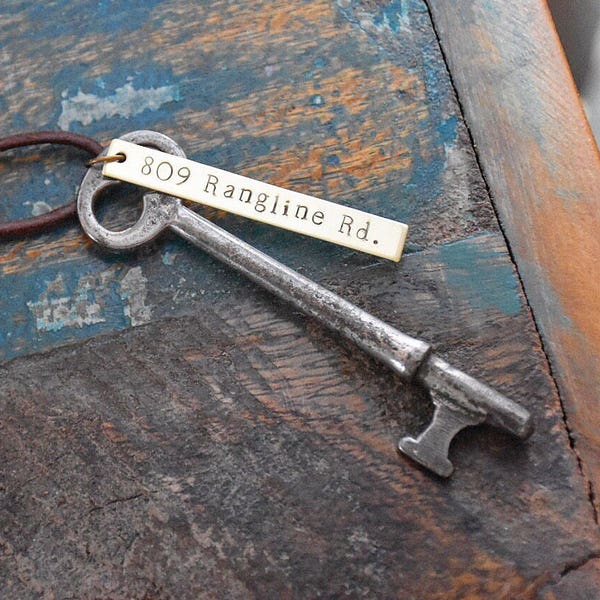 First Home Ornament - Custom Hand Stamped Housewarming Gift - Antique Vintage Skeleton Key - Real Keys - Wine Label Tag - Vintage Silver K2