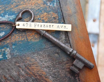 Custom Housewarming Gift - Hand Stamped Antique Skeleton Keys - New House First Home Ornament - Authentic Real Vintage Old Skeleton Key K1