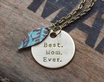 Best Mom Ever Necklace - Hand Stamped Long Boho Jewelry - Personalized Engraved Brass Disc - 30 inch Antique Gold Chain - Custom Quote
