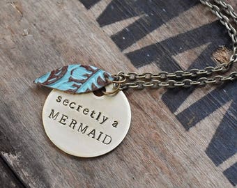 Secretly A Mermaid Necklace - Hand Stamped Long Boho Jewelry - Personalized Engraved Brass Disc - 30 in Antique Gold Chain - Custom Quote