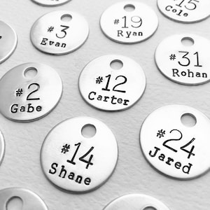 Name Number Tag Hand Stamped 1 inch Tags Sports Team Label | Etsy