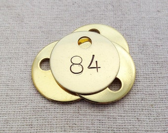 Brass Number Disc - Hand Stamped 1 inch Tag - DIY Craft Label - Rustic Gold Toned Disk Charm - Large Vintage Antique Stamps