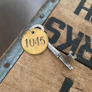 Antique Skeleton Key - Vintage Hotel Keys - Brass Disc - Rustic Home Decor - Primitive Industrial Salvage - Authenic Old - Number 1045