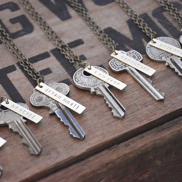 Custom Key Necklace - Vintage Hand Stamped Jewelry - Personalized Antique Keys - 30 inch Long boho Style - Engraved Brass Charm