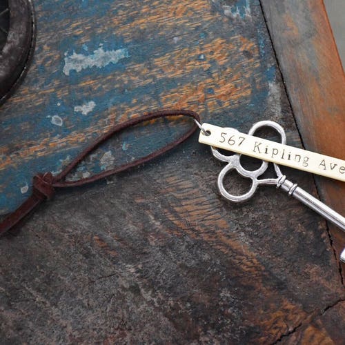 First Home Ornament - Custom Hand Stamped Housewarming Gift - New House Skeleton Key - Realtor Closing Gifts - Rustic SILVER OG