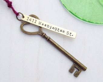 First Home Ornament - Custom Hand Stamped Wedding Skeleton Key - Personalized Housewarming Gift - New House Address Tag - Rustic HEART BRASS