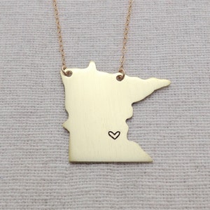 Personalized Minnesota Necklace - Custom Hand Stamped State of MN Jewelry - City Heart Charm - Going Away Gift - Brass - Gold Filled Chain