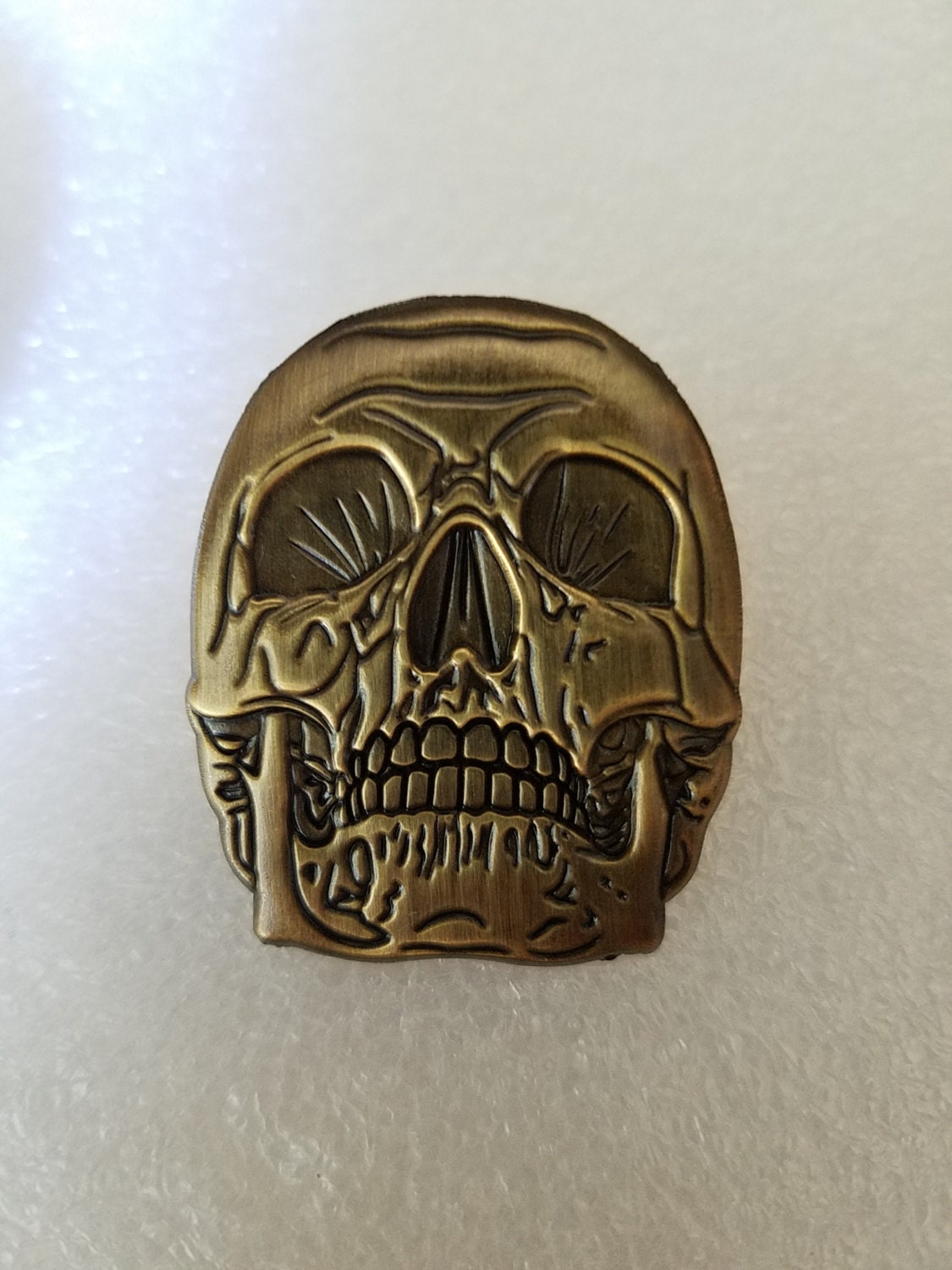 Gold Skull 3d  lapel pin (antique gold metal) 1.5" tall