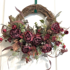 Vintage look peony wreath for front door. Year round burgundy peony wreath for front door.  Home decor. Mantel wreath.