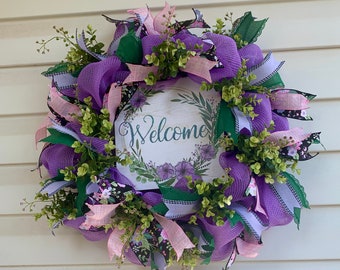 Welcome wreath for front door. Deco mesh welcome wreath. Front door welcome wreath.