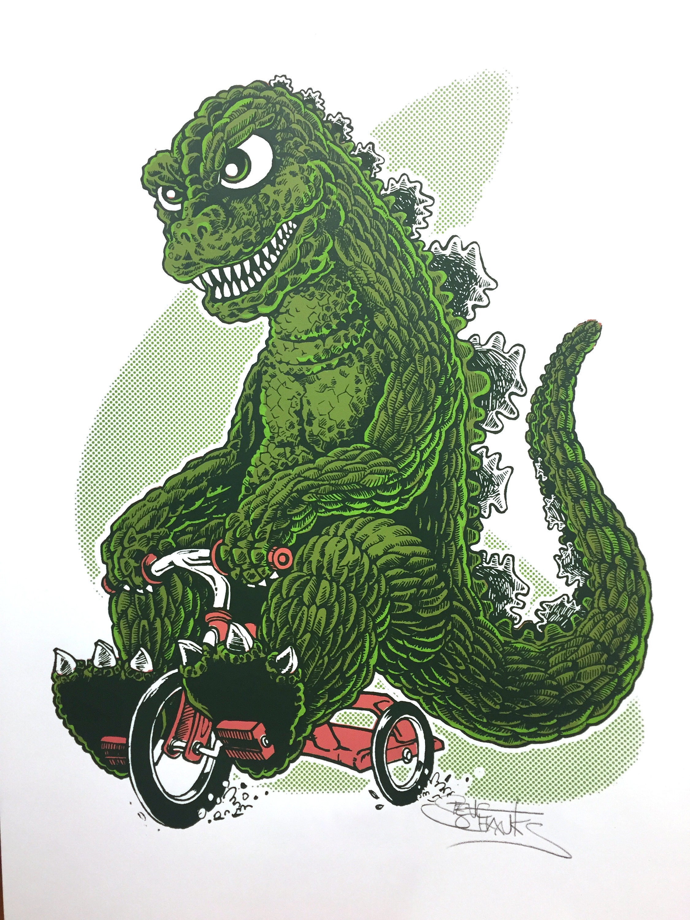 GODZILLA Riding a Tricycle - Screen Printed Poster, Art Print - by