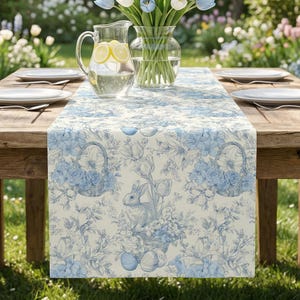 Könnte beinhalten: Ein Holztisch für ein Picknick im Freien, mit einem blau-weiß gemusterten Tischläufer. Eine Glaskaraffe mit Zitronenscheiben und eine Vase mit blau-weißen Tulpen stehen auf dem Tisch. Weiße Teller und Besteck sind für die Gäste gedeckt.