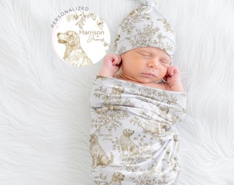 Toile Golden Retriever Baby Swaddle Personalized Minky Dog Blanket with Baby Name & Pet Name Vintage Nursery Decor Baby Shower Gift for Mom