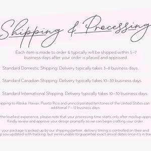 May include: Text on a pale pink background states "Shipping & Processing." It details order processing, shipping times, and delivery estimates for domestic, Canadian, and international orders.