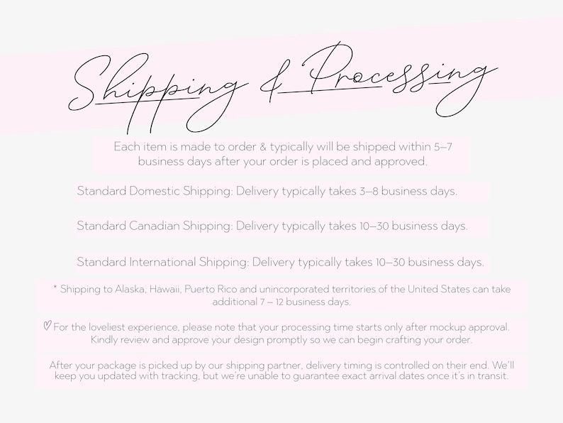 May include: Text on a pale pink background states "Shipping & Processing." It details order processing, shipping times, and delivery estimates for domestic, Canadian, and international orders.